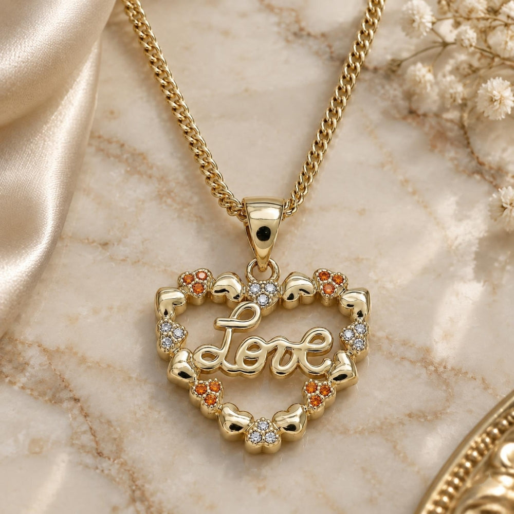 Oro Laminado Pendant Necklace, Gold Filled Style Heart and Love Design, with Garnet and White Micro Pave, Polished, Golden Finish