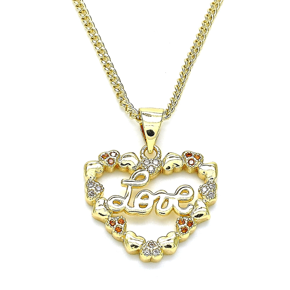 Oro Laminado Pendant Necklace, Gold Filled Style Heart and Love Design, with Garnet and White Micro Pave, Polished, Golden Finish