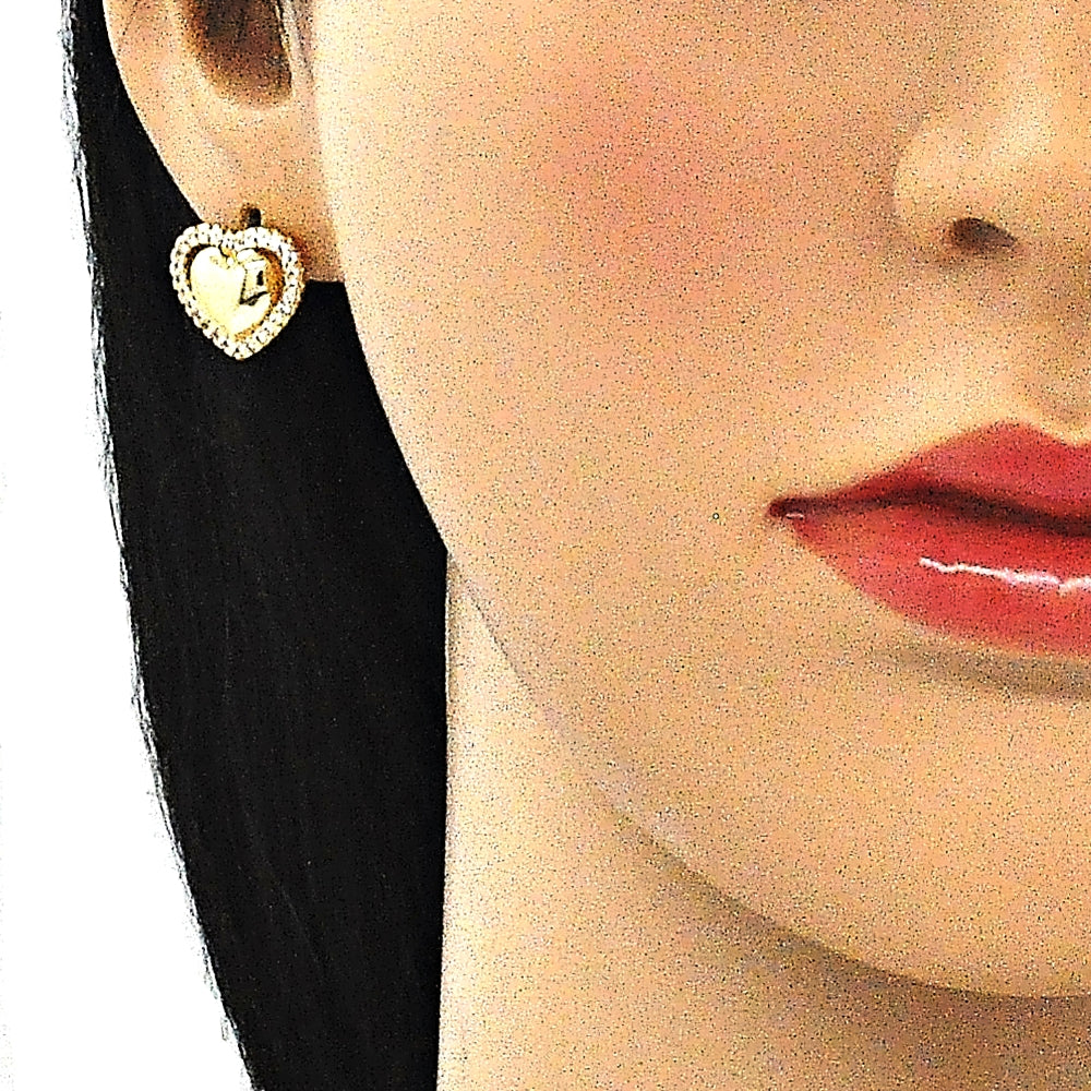 Oro Laminado Stud Earring, Gold Filled Style Heart Design, with White Micro Pave, Polished, Golden Finish