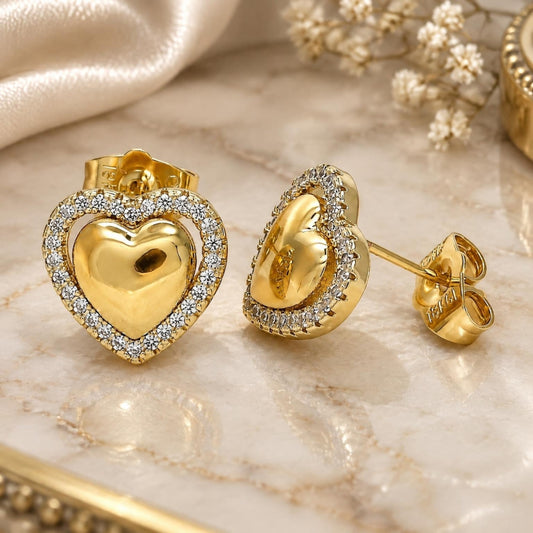 Oro Laminado Stud Earring, Gold Filled Style Heart Design, with White Micro Pave, Polished, Golden Finish