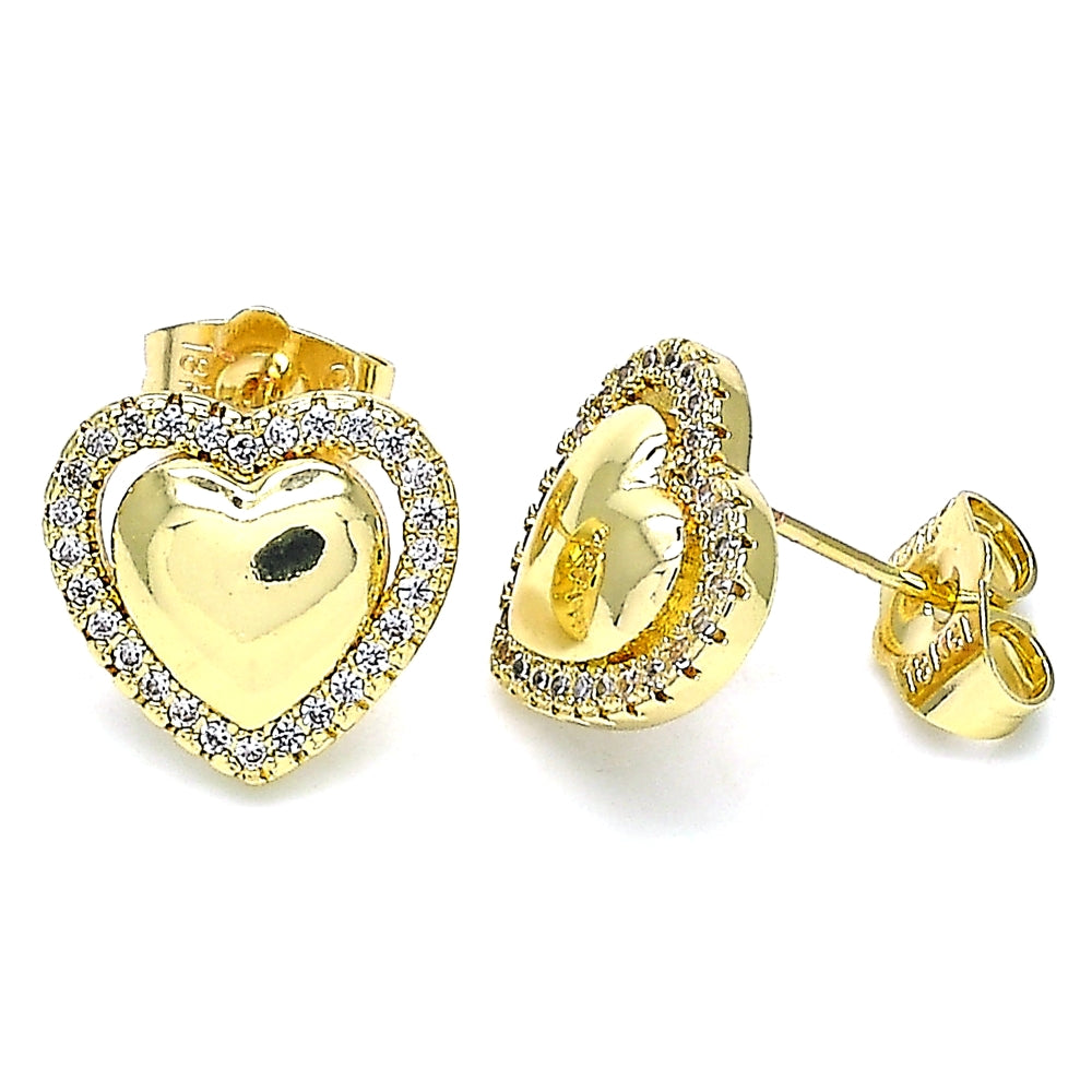 Oro Laminado Stud Earring, Gold Filled Style Heart Design, with White Micro Pave, Polished, Golden Finish