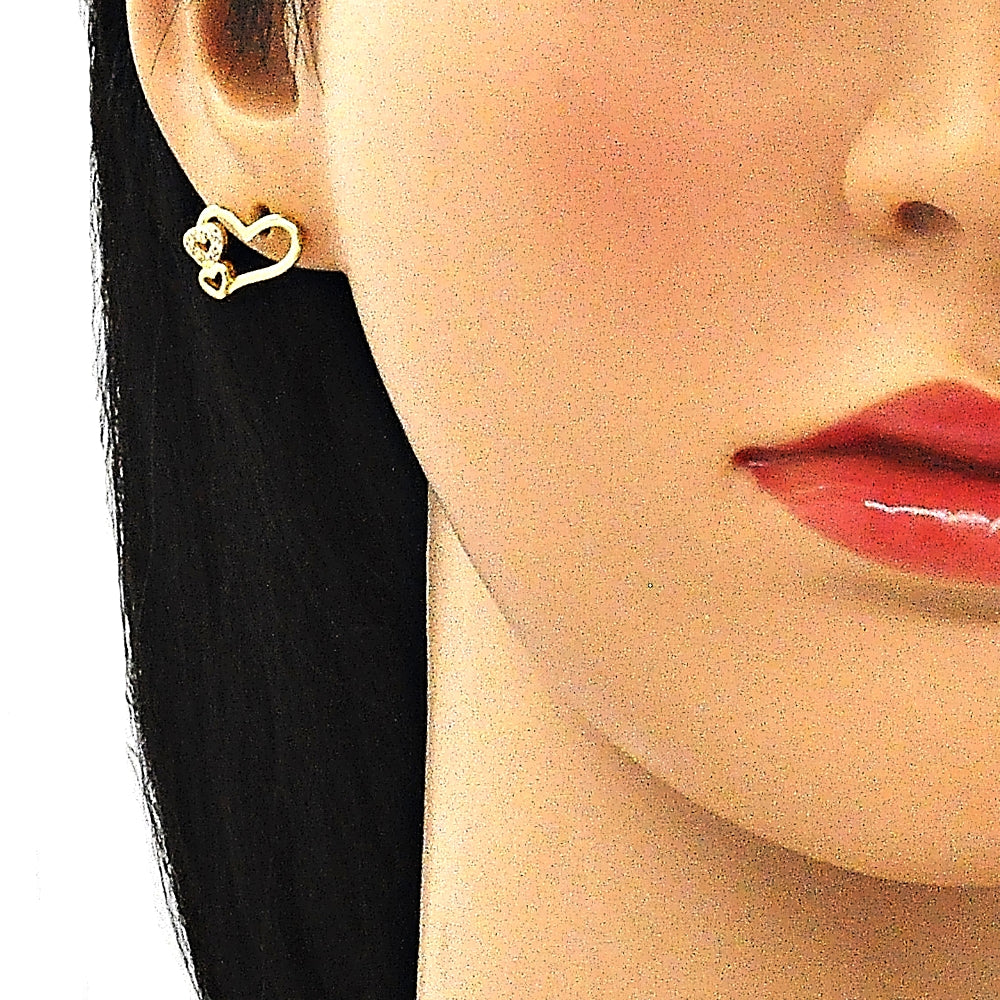 Oro Laminado Stud Earring, Gold Filled Style Heart Design, with White Micro Pave, Polished, Golden Finish
