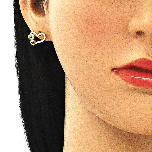Oro Laminado Stud Earring, Gold Filled Style Heart Design, with White Micro Pave, Polished, Golden Finish