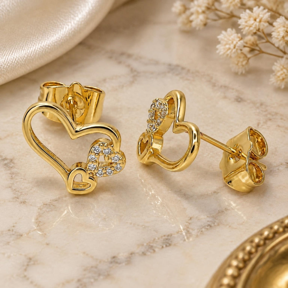Oro Laminado Stud Earring, Gold Filled Style Heart Design, with White Micro Pave, Polished, Golden Finish