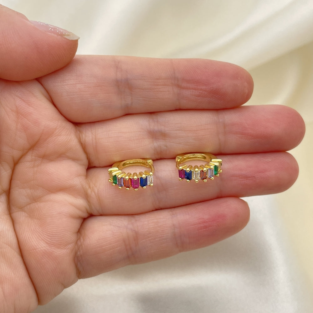 Oro Laminado Huggie Hoop, Gold Filled Style Baguette Design, with Multicolor Cubic Zirconia, Polished, Golden Finish
