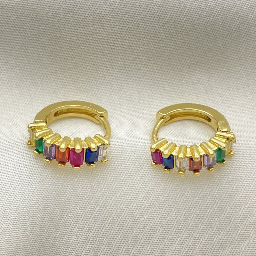 Oro Laminado Huggie Hoop, Gold Filled Style Baguette Design, with Multicolor Cubic Zirconia, Polished, Golden Finish