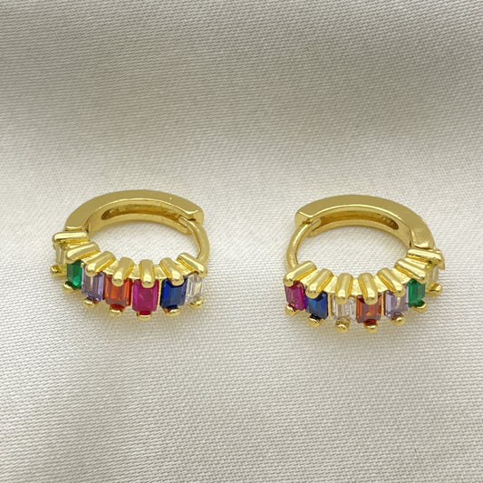 Oro Laminado Huggie Hoop, Gold Filled Style Baguette Design, with Multicolor Cubic Zirconia, Polished, Golden Finish