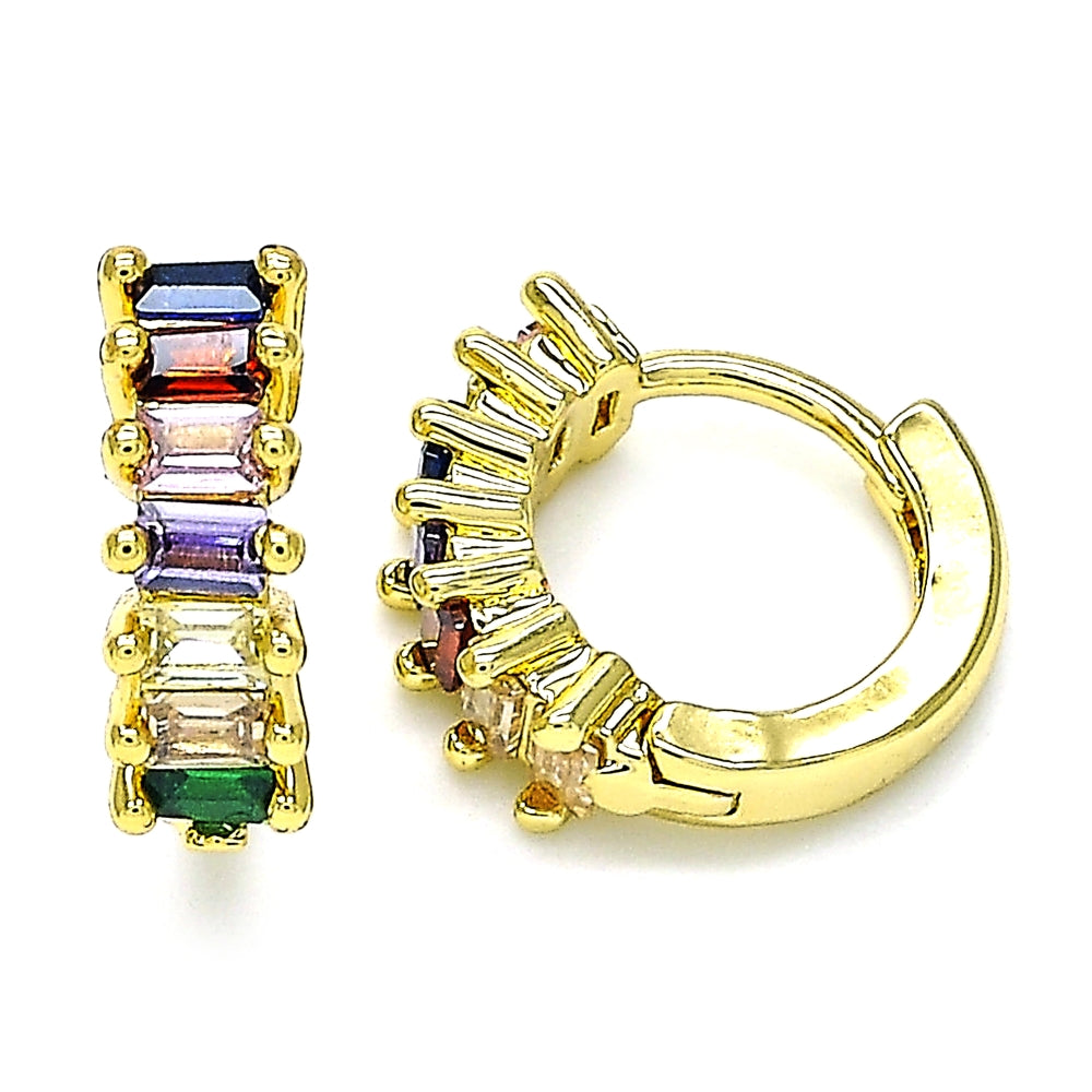 Oro Laminado Huggie Hoop, Gold Filled Style Baguette Design, with Multicolor Cubic Zirconia, Polished, Golden Finish