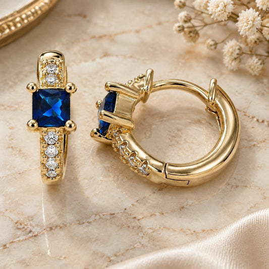Oro Laminado Huggie Hoop, Gold Filled Style with Sapphire Blue Cubic Zirconia and White Micro Pave, Polished, Golden Finish