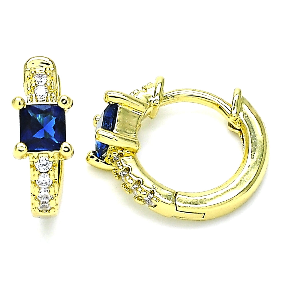 Oro Laminado Huggie Hoop, Gold Filled Style with Sapphire Blue Cubic Zirconia and White Micro Pave, Polished, Golden Finish