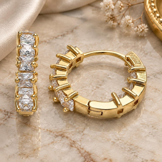 Oro Laminado Huggie Hoop, Gold Filled Style Baguette Design, with White Cubic Zirconia, Polished, Golden Finish