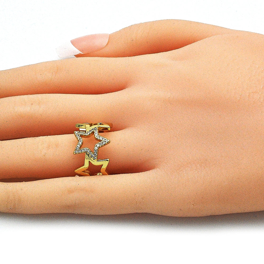 Oro Laminado Multi Stone Ring, Gold Filled Style Star Design, with White Micro Pave, Polished, Golden Finish