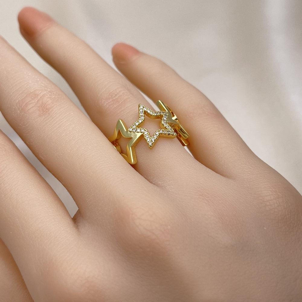 Oro Laminado Multi Stone Ring, Gold Filled Style Star Design, with White Micro Pave, Polished, Golden Finish
