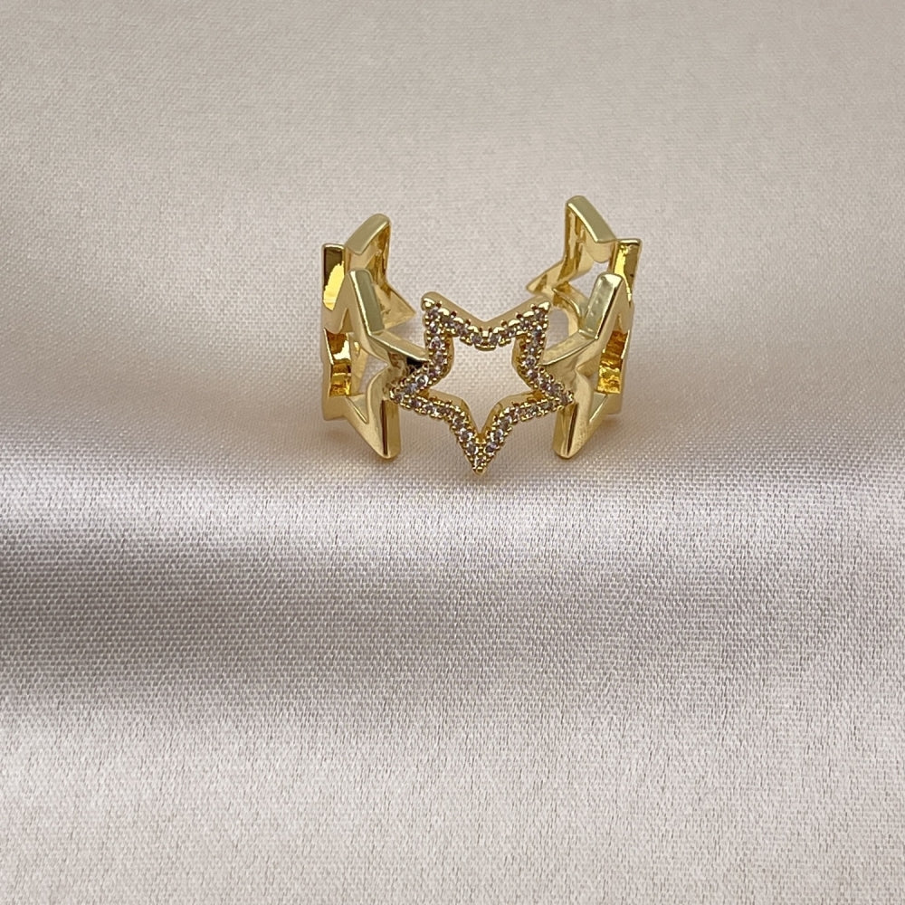 Oro Laminado Multi Stone Ring, Gold Filled Style Star Design, with White Micro Pave, Polished, Golden Finish