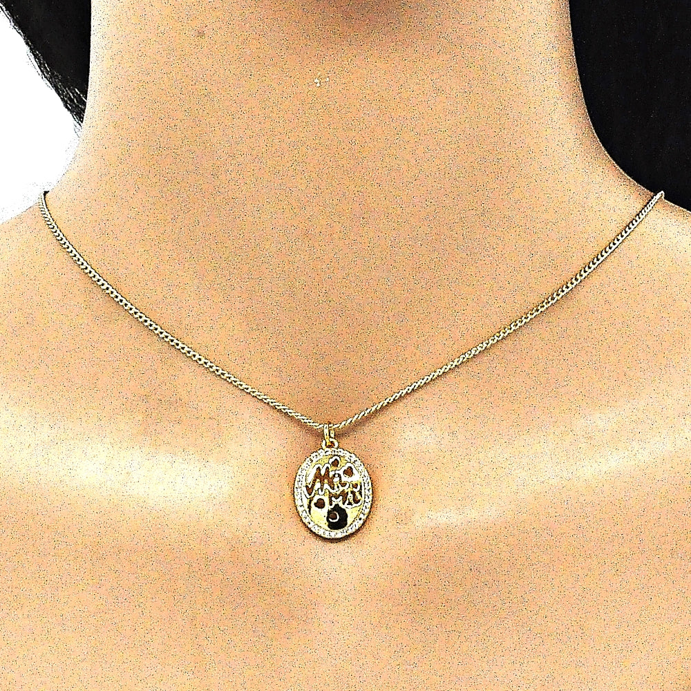 Oro Laminado Pendant Necklace, Gold Filled Style Heart and Mom Design, with White Micro Pave, Polished, Golden Finish