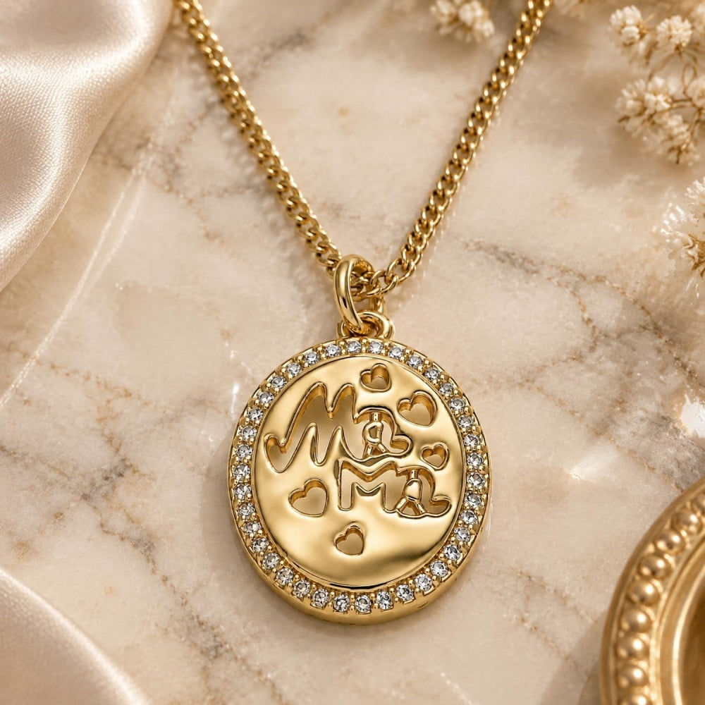 Oro Laminado Pendant Necklace, Gold Filled Style Heart and Mom Design, with White Micro Pave, Polished, Golden Finish