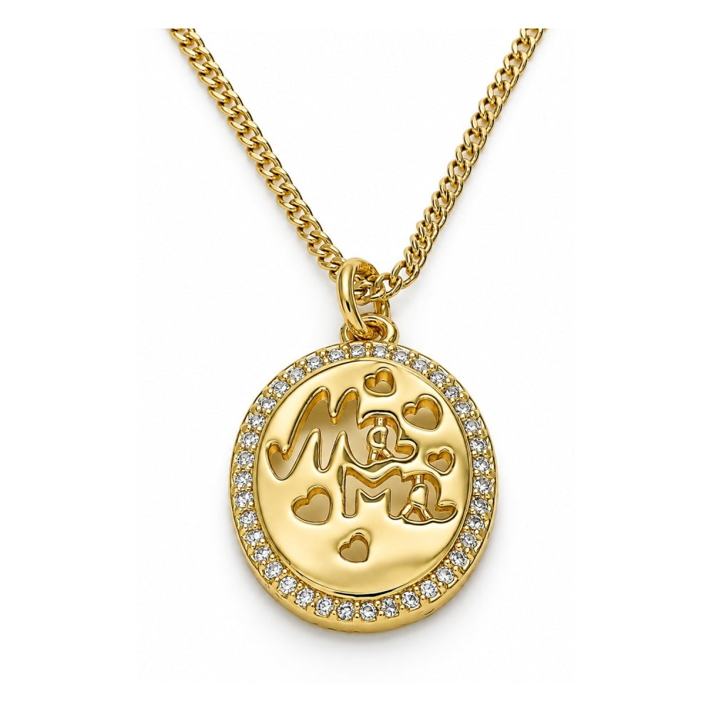 Oro Laminado Pendant Necklace, Gold Filled Style Heart and Mom Design, with White Micro Pave, Polished, Golden Finish