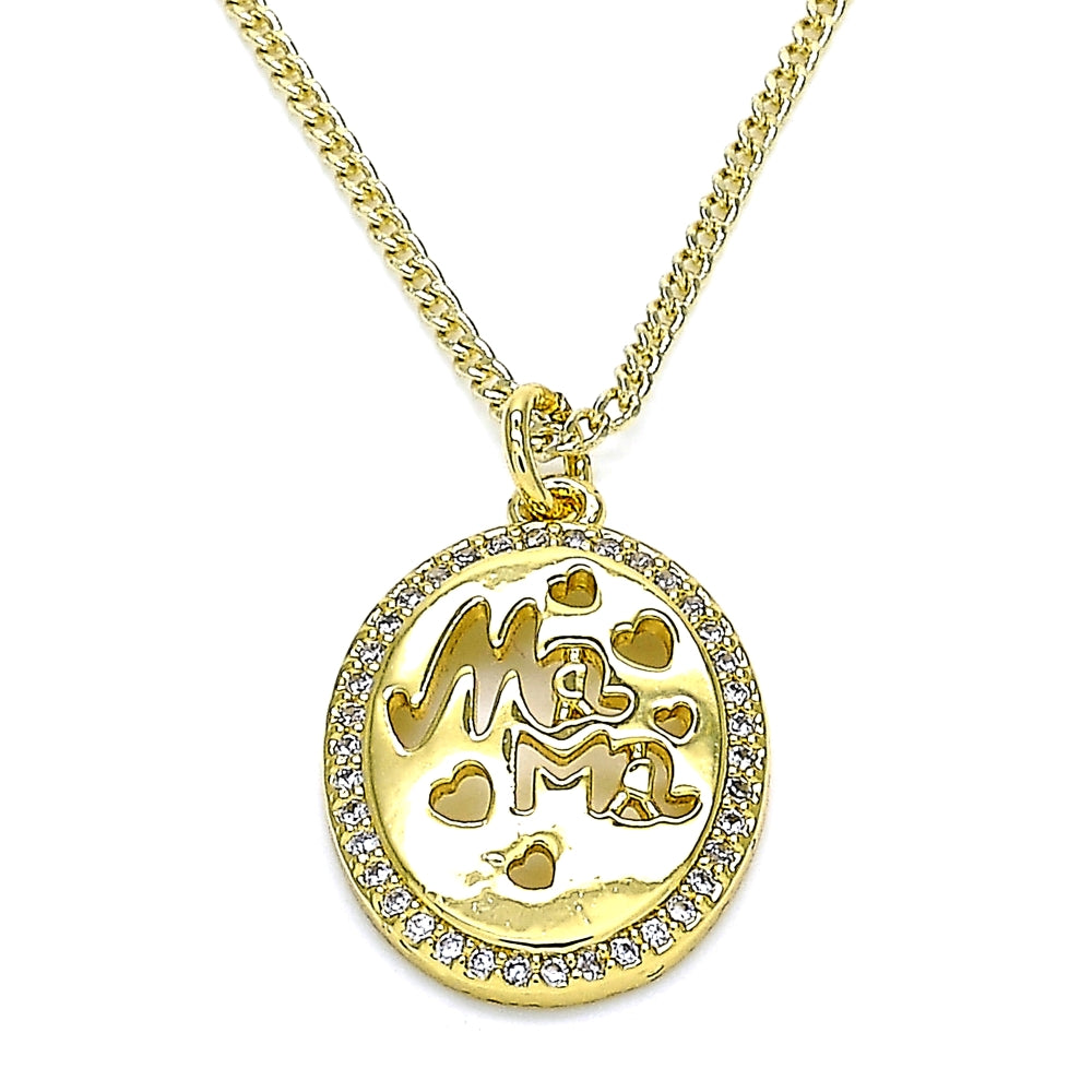 Oro Laminado Pendant Necklace, Gold Filled Style Heart and Mom Design, with White Micro Pave, Polished, Golden Finish