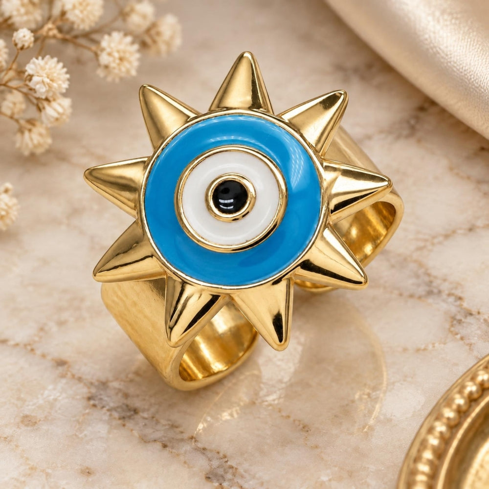 Oro Laminado Elegant Ring, Gold Filled Style Evil Eye and Sun Design, Blue Enamel Finish, Golden Finish