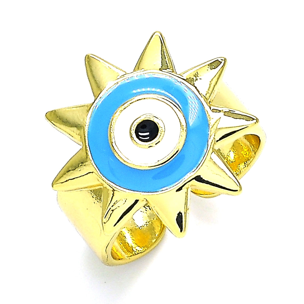 Oro Laminado Elegant Ring, Gold Filled Style Evil Eye and Sun Design, Blue Enamel Finish, Golden Finish