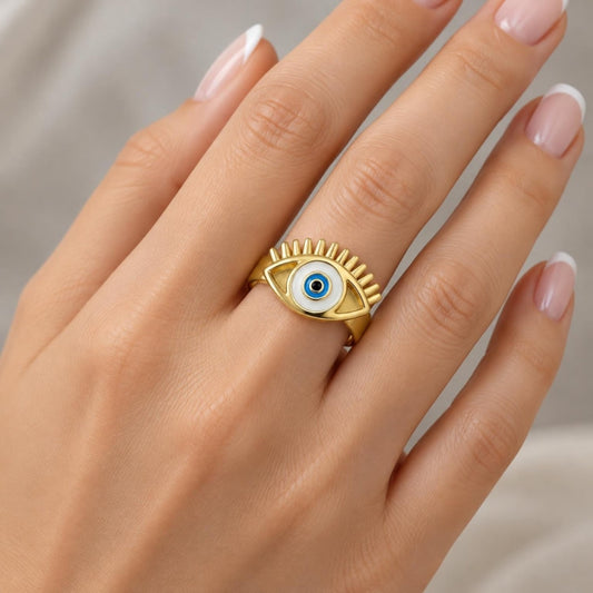 Oro Laminado Elegant Ring, Gold Filled Style Evil Eye Design, White Enamel Finish, Golden Finish