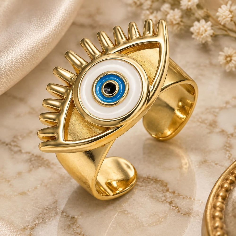 Oro Laminado Elegant Ring, Gold Filled Style Evil Eye Design, White Enamel Finish, Golden Finish