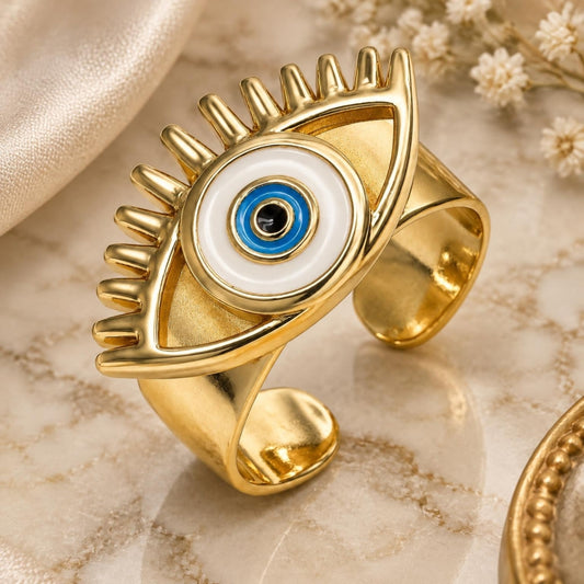 Oro Laminado Elegant Ring, Gold Filled Style Evil Eye Design, White Enamel Finish, Golden Finish