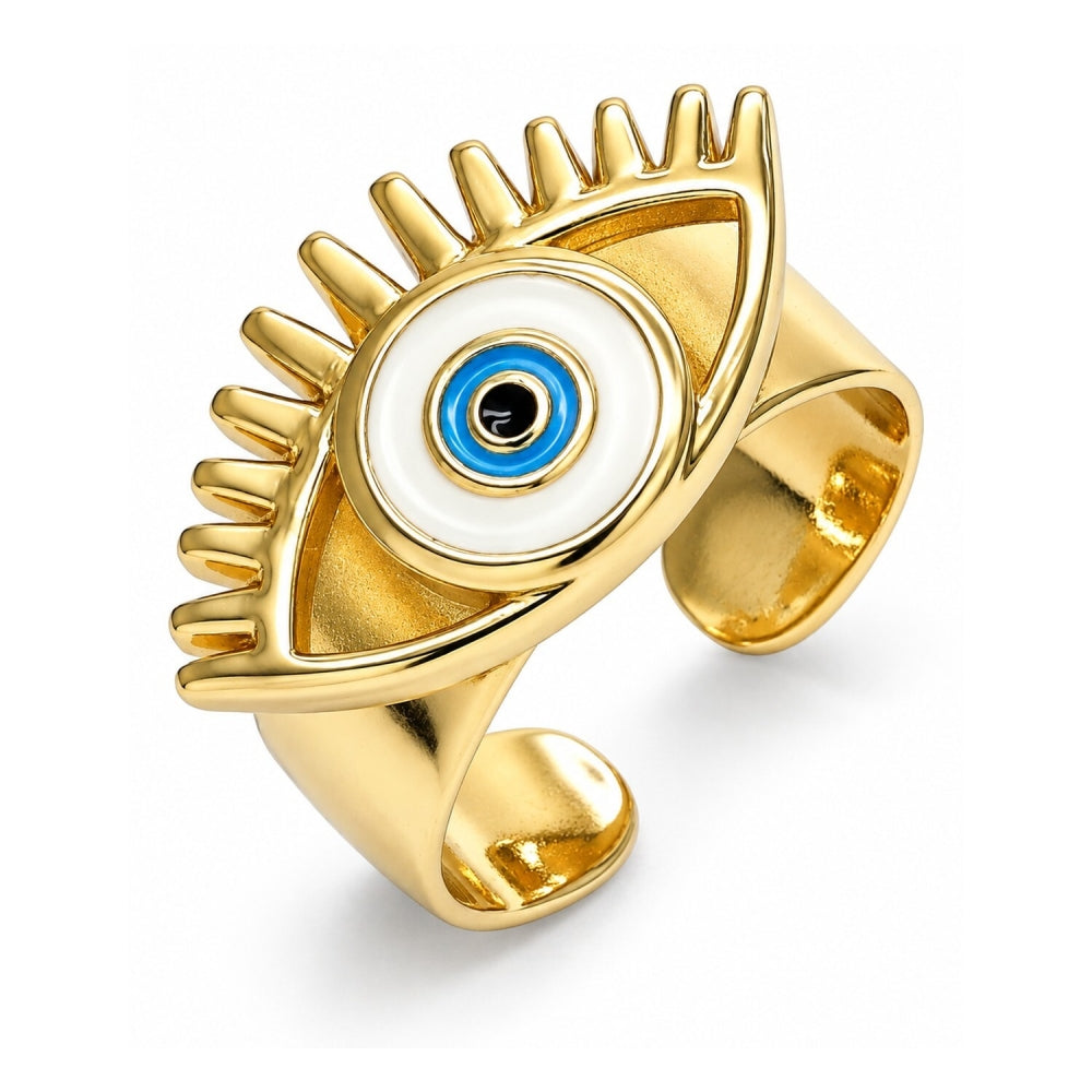 Oro Laminado Elegant Ring, Gold Filled Style Evil Eye Design, White Enamel Finish, Golden Finish