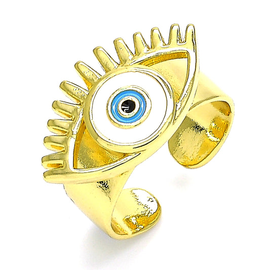 Oro Laminado Elegant Ring, Gold Filled Style Evil Eye Design, White Enamel Finish, Golden Finish