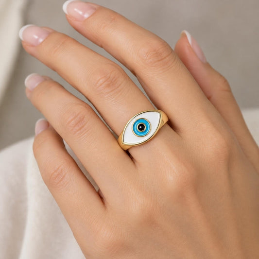 Oro Laminado Elegant Ring, Gold Filled Style Evil Eye Design, White Enamel Finish, Golden Finish