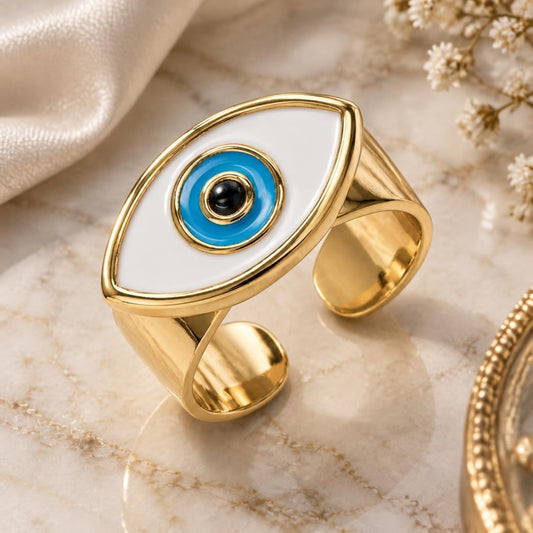 Oro Laminado Elegant Ring, Gold Filled Style Evil Eye Design, White Enamel Finish, Golden Finish