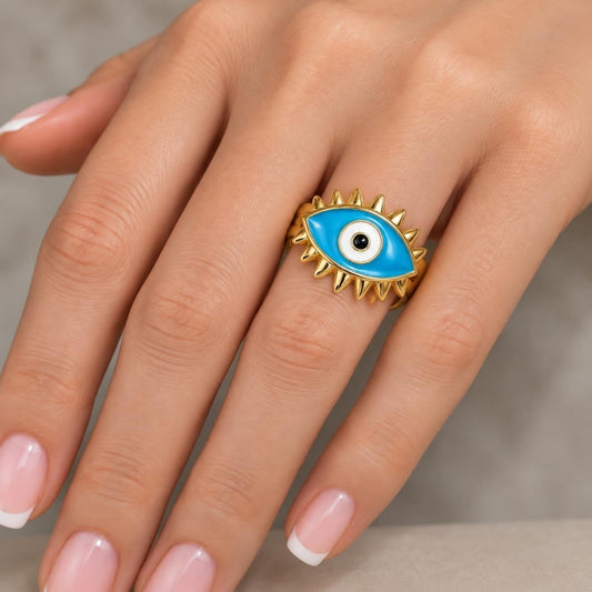 Oro Laminado Elegant Ring, Gold Filled Style Evil Eye Design, Blue Enamel Finish, Golden Finish