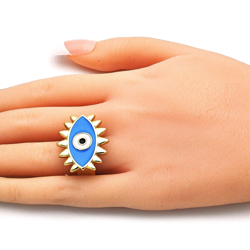 Oro Laminado Elegant Ring, Gold Filled Style Evil Eye Design, Blue Enamel Finish, Golden Finish