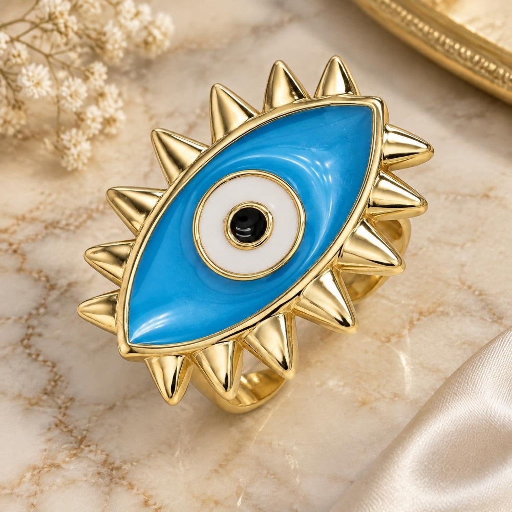 Oro Laminado Elegant Ring, Gold Filled Style Evil Eye Design, Blue Enamel Finish, Golden Finish