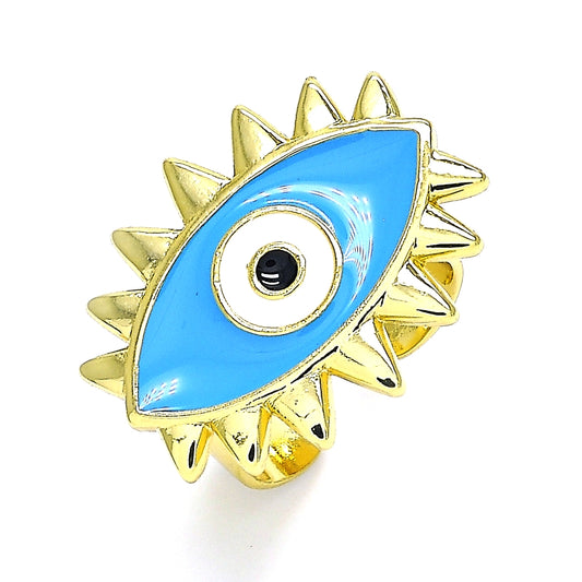Oro Laminado Elegant Ring, Gold Filled Style Evil Eye Design, Blue Enamel Finish, Golden Finish