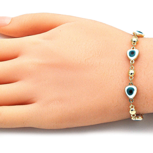 Oro Laminado Fancy Bracelet, Gold Filled Style Evil Eye and Heart Design, White Enamel Finish, Golden Finish