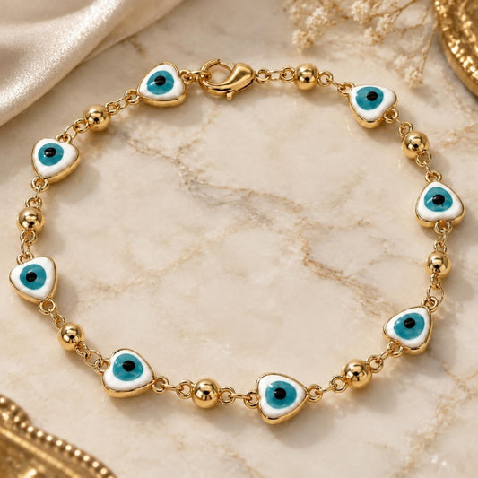 Oro Laminado Fancy Bracelet, Gold Filled Style Evil Eye and Heart Design, White Enamel Finish, Golden Finish