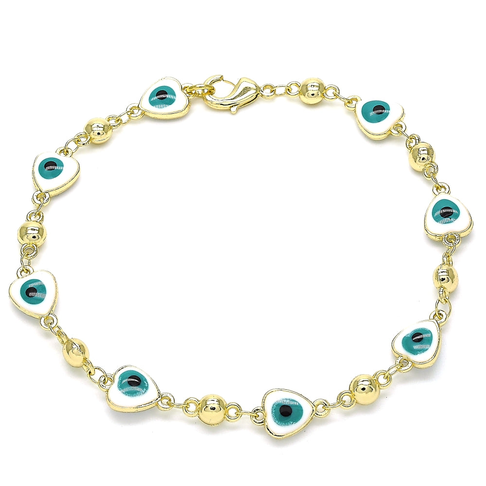 Oro Laminado Fancy Bracelet, Gold Filled Style Evil Eye and Heart Design, White Enamel Finish, Golden Finish