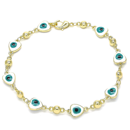 Oro Laminado Fancy Bracelet, Gold Filled Style Evil Eye and Heart Design, White Enamel Finish, Golden Finish