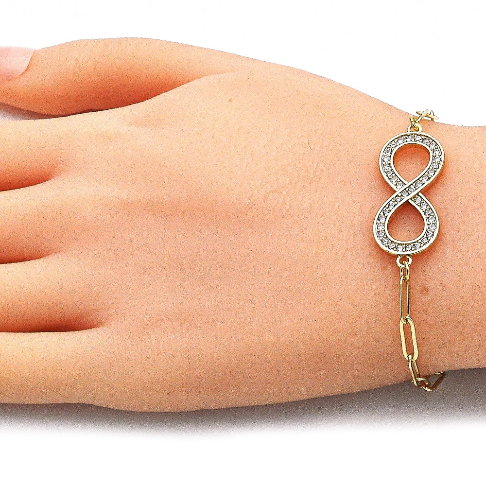 Oro Laminado Fancy Bracelet, Gold Filled Style Infinite and Paperclip Design, with White Micro Pave, Polished, Golden Finish