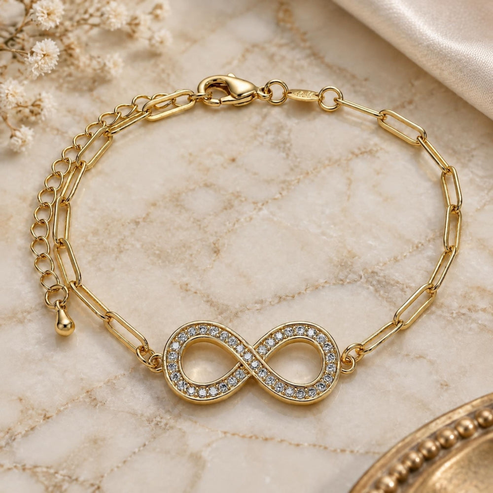 Oro Laminado Fancy Bracelet, Gold Filled Style Infinite and Paperclip Design, with White Micro Pave, Polished, Golden Finish