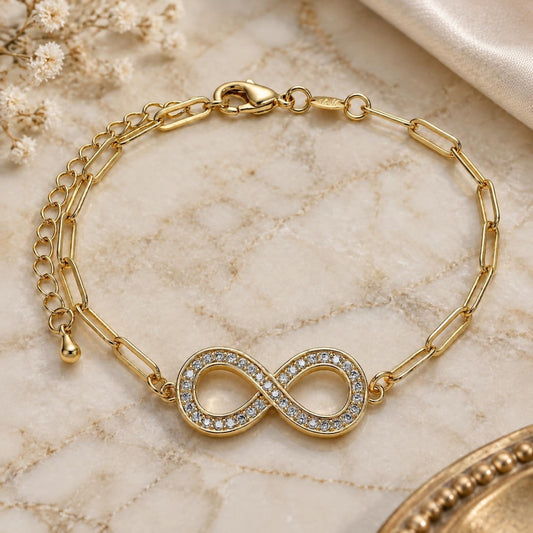 Oro Laminado Fancy Bracelet, Gold Filled Style Infinite and Paperclip Design, with White Micro Pave, Polished, Golden Finish