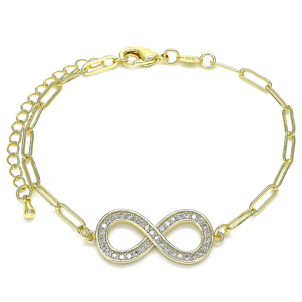 Oro Laminado Fancy Bracelet, Gold Filled Style Infinite and Paperclip Design, with White Micro Pave, Polished, Golden Finish