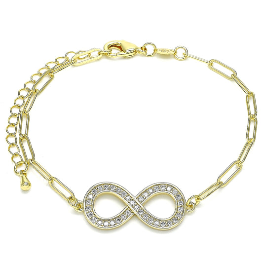 Oro Laminado Fancy Bracelet, Gold Filled Style Infinite and Paperclip Design, with White Micro Pave, Polished, Golden Finish