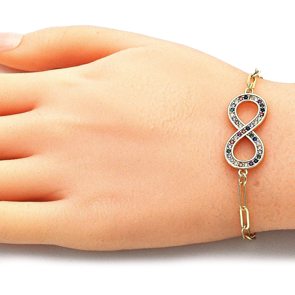 Oro Laminado Fancy Bracelet, Gold Filled Style Infinite and Paperclip Design, with Multicolor Micro Pave, Polished, Golden Finish