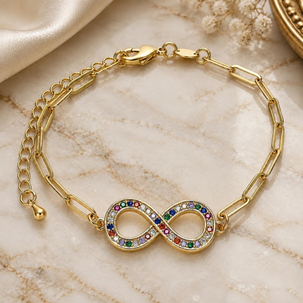 Oro Laminado Fancy Bracelet, Gold Filled Style Infinite and Paperclip Design, with Multicolor Micro Pave, Polished, Golden Finish