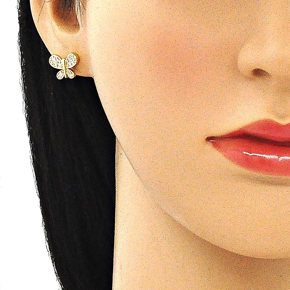 Oro Laminado Stud Earring, Gold Filled Style Butterfly Design, with White Micro Pave, Polished, Golden Finish