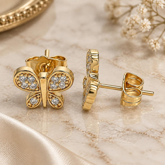 Oro Laminado Stud Earring, Gold Filled Style Butterfly Design, with White Micro Pave, Polished, Golden Finish