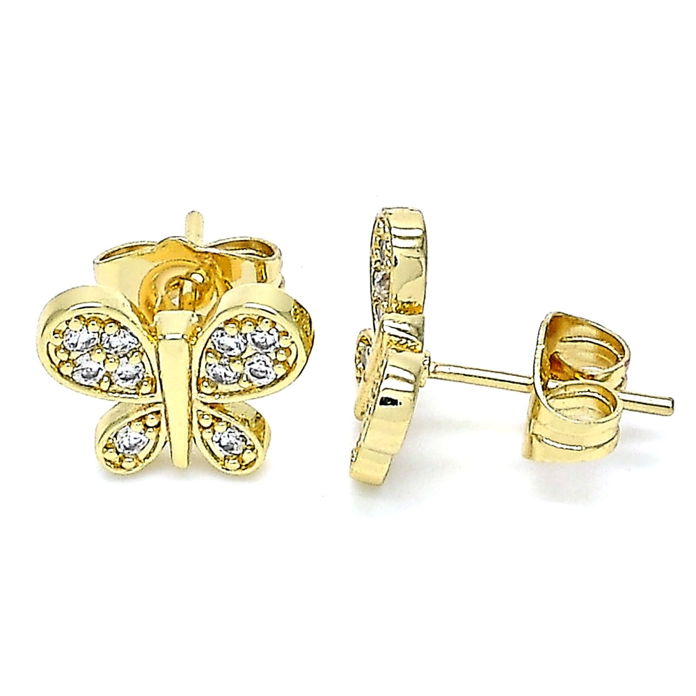 Oro Laminado Stud Earring, Gold Filled Style Butterfly Design, with White Micro Pave, Polished, Golden Finish