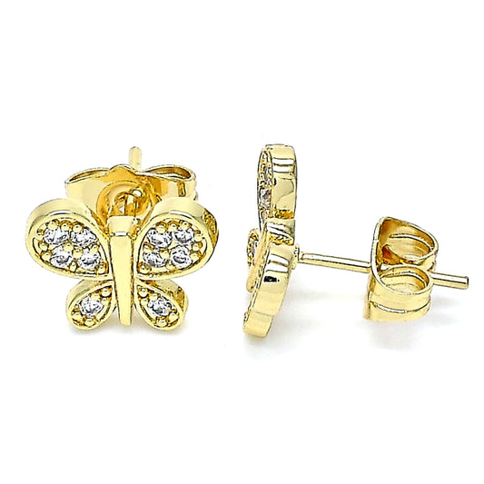 Oro Laminado Stud Earring, Gold Filled Style Butterfly Design, with White Micro Pave, Polished, Golden Finish